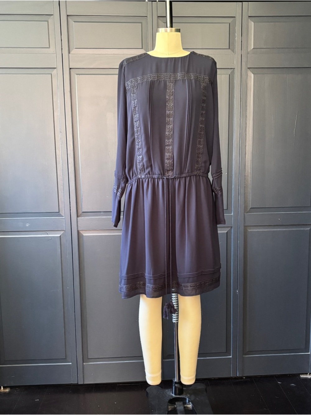 Gibson Latimer Navy Long-Sleeve Lace-Trim Drop-Waist Dress
